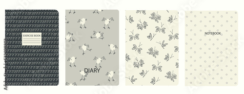 Set of cover page templates based on patterns with chickens, birds, butterflies, moths, plaid, abstract circles. Blue, Backgrounds for notebooks, notepads, diaries, planner. Headers isolated