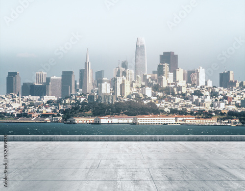 Empty concrete dirty seafront on the background of a beautiful San Francisco city skyline at daytime  mock up