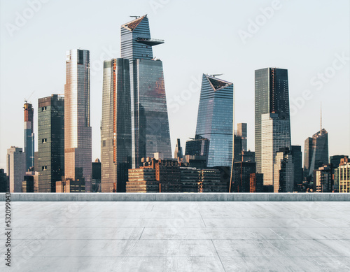 Empty concrete dirty rooftop on the background of a beautiful New York city skyline at daytime  mockup