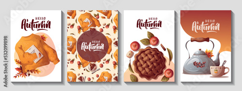 Autumn cards with apple pie, kettle, autumn leaves, warm sweater. Autumn, harvest, thanksgiving day, fall concept. Vector illustration. Cards, postcards, posters.