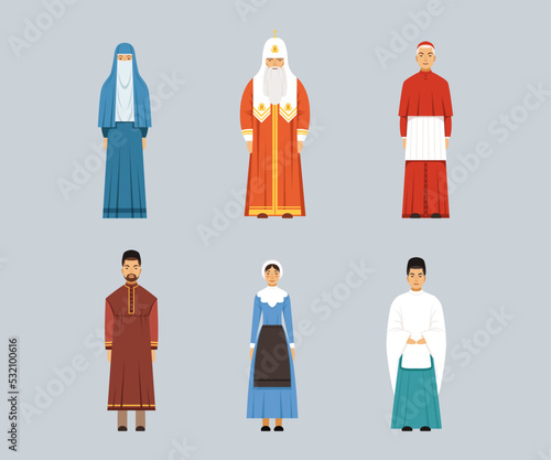 Representatives of religious confession set. Catholic Cardinal, Orthodox Patriarch, Mennonite or Amish woman vector illustration