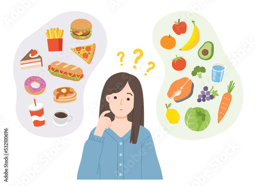 Young women choosing between healthy and unhealthy food. Fastfood vs balanced menu comparison. Healthy vs unhealthy food concept.