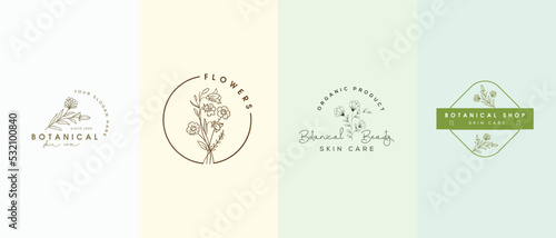Floral botanical illustration collection for beauty natural organic abstract retro style logo pack
