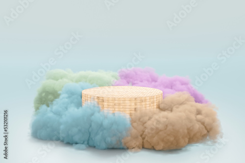 3d render platform and Natural wooden block podium background on the colorful clouds for product display, Blank showcase, mockup template or cosmetic presentation with empty round stage
