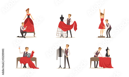 Male dressmakers creating clothes set. Clothing designer measuring, sewing and trying on dress on model vector illustration