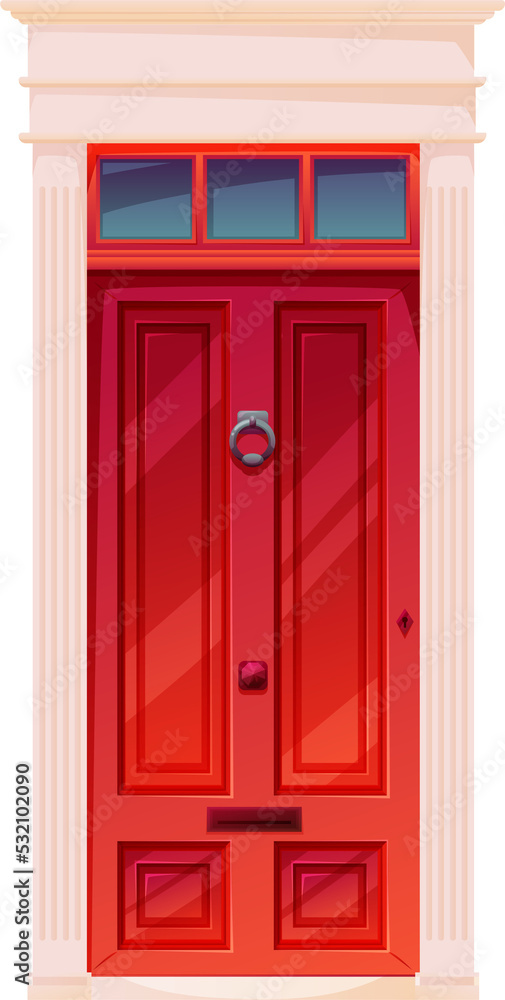 Red front door, cartoon house entrance, doorway