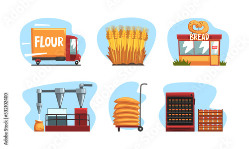 Flour and bread production set. Wheat harvesting, processing, packaging and selling vector illustration