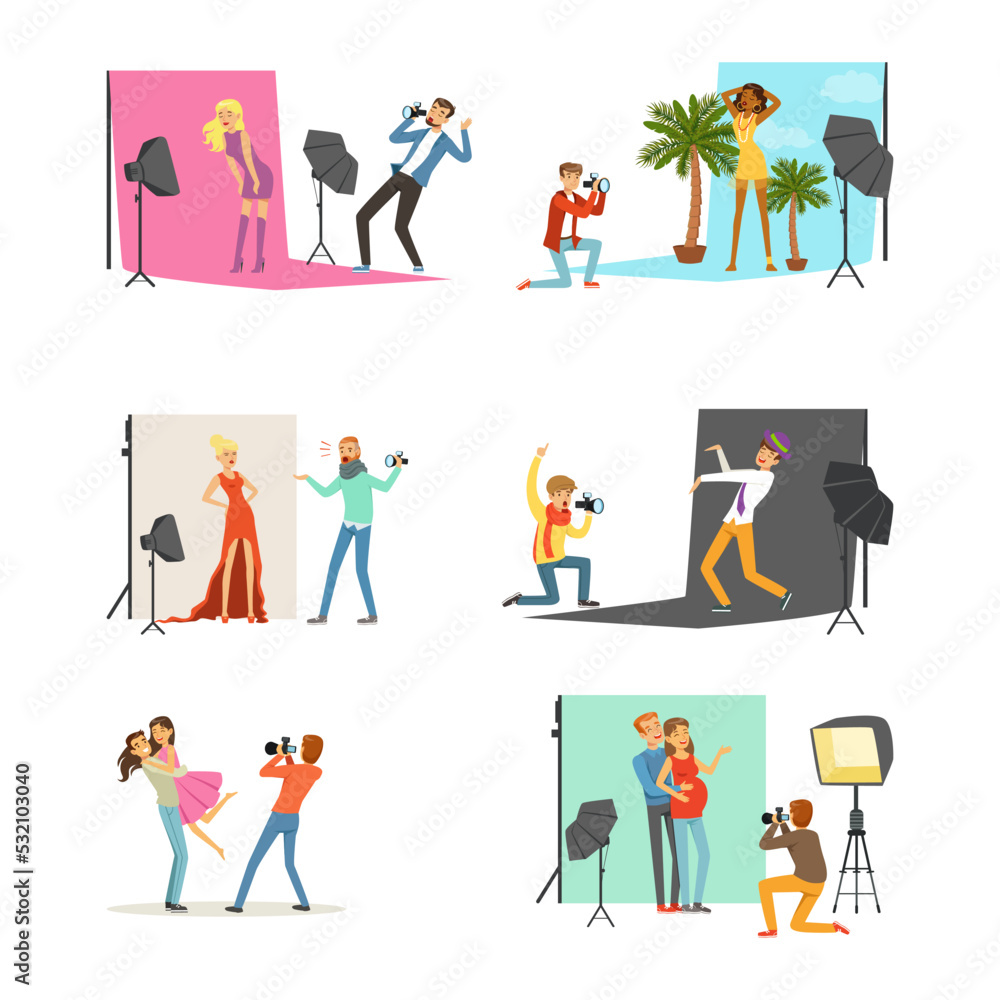 Male photographers working at photographic studio photographing models during photo session set flat vector illustrati