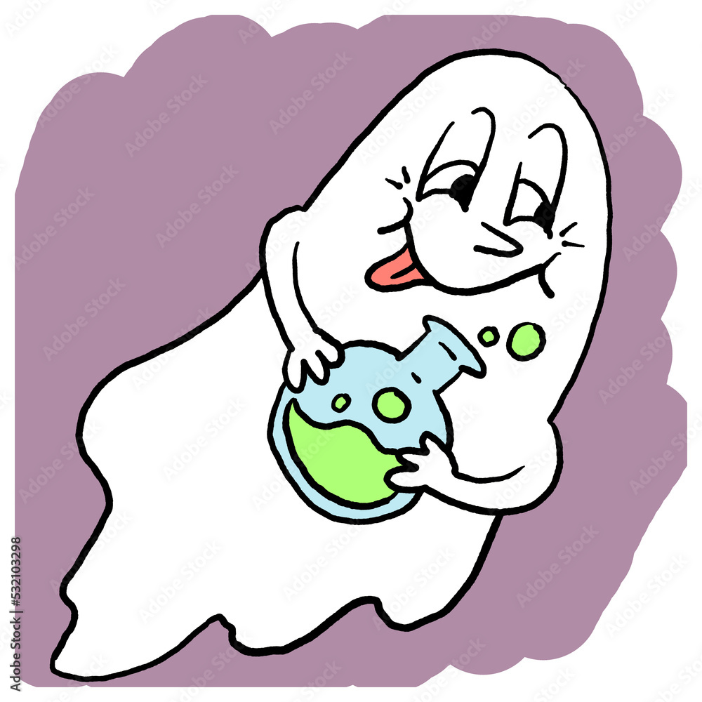 Scary and cute Halloween ghost with funny face hand drawn illustration. Night spirit. Comic cartoon personage character for decorative design, poster print. decoration celebration, party invitation. Scary and cute Halloween ghost with funny face hand drawn illustration. Night spirit. Comic cartoon personage character for decorative design, poster print. decoration celebration, party invitation.