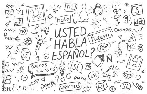 Usted habla español? Interpreter language online. Do you speak Spanish language learning concept vector illustration. Doodle of foreign language education course for home online training study.