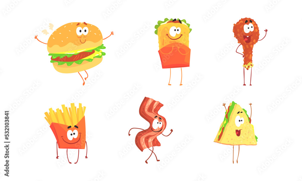 Set of funny fast food cartoon characters. Hamburger, shawarma, drumstick, bacon and sandwich vector illustration Set of funny fast food cartoon characters. Hamburger, shawarma, drumstick, bacon and sandwich vector illustration