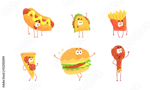 Set of funny fast food cartoon characters. French fries, hot dog, taco, pizza, burger, drumstick vector illustration