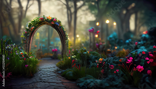 Magical fairy tale garden with flower arc as wallpaper background