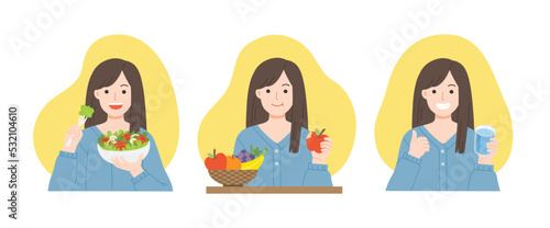 Young women eating salads, eating fresh fruit and drinking water from glass.  Healthy foods with benefits. Healthy and vegan food concept.