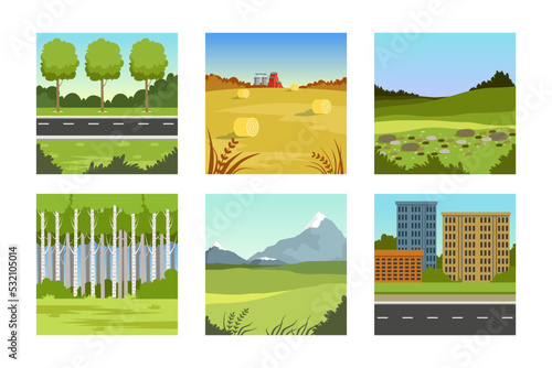 Set of natural landscapes. Forest, pasture, mountains and city street summer and autumn background vector illustration