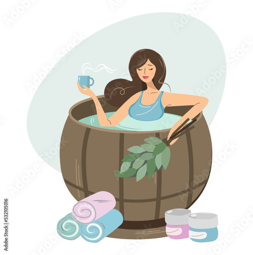 The girl drinks coffee in a hot tub A woman is sitting in a hot bath with a broom. Lady in the sauna. A female character bathes in a wooden barrel with a cup. Cartoon flat vector.home spa design.