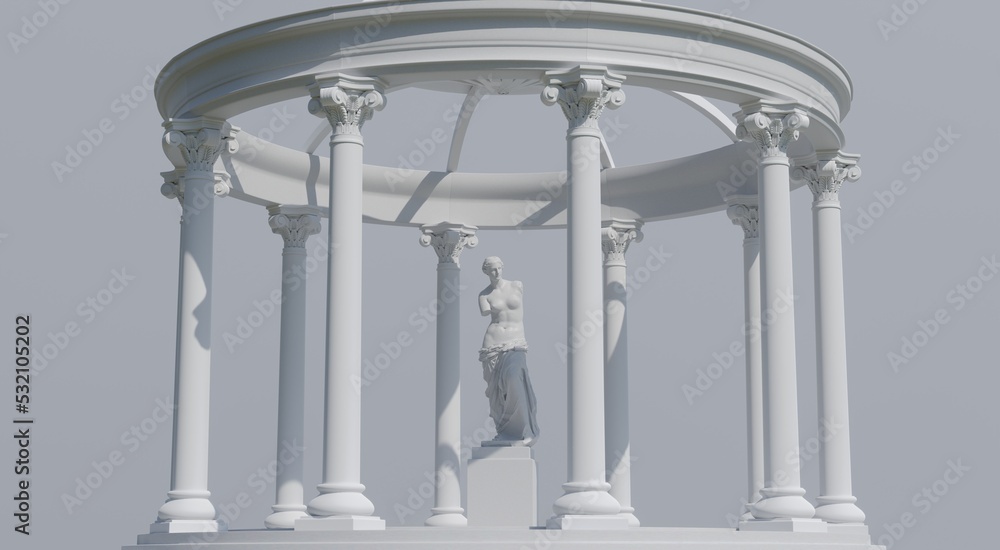 3D rendering. The statue of Venus de Milo in the center of the ancient white colonnade, an architectural monument. Background, postcard. Monochrome
3D rendering. The statue of Venus de Milo in the center of the ancient white colonnade, an architectural monument. Background, postcard. Monochrome