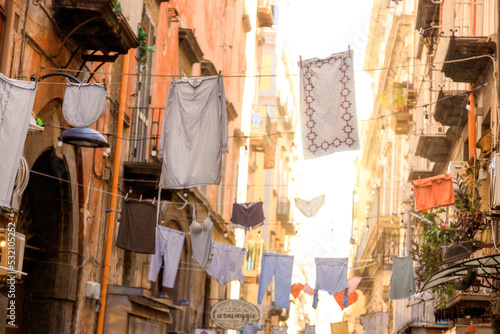 Clothes hung in the old streets of Napoli, Italy.
