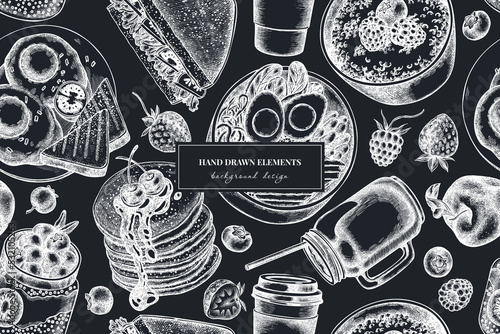 Breakfast seamless pattern background design. Engraved style. Hand drawn sandwich, pancakes, bowl with avocado, porridge with berries, chia pudding, fried eggs, raspberry, blueberry, strawberry