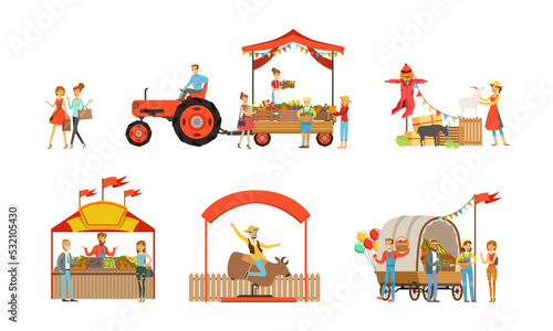 Outdoor farmer market with stalls, vendors and clients. Farmers selling eco organic farm products set vector illustration