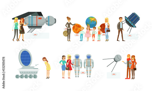 People visiting space museum exhibition and watching space rocket, satellite, astronaut suits vector illustration