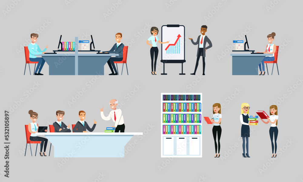 Obraz premium Scenes at office. Business people taking part in business meeting, brainstorming, working on computer and presenting new project flat vector