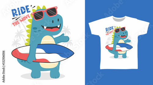 Cute dinosaur with surfboard cartoon tshirt art design