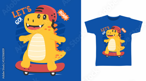 Cute dinosaur play skateboard cartoon tshirt art design