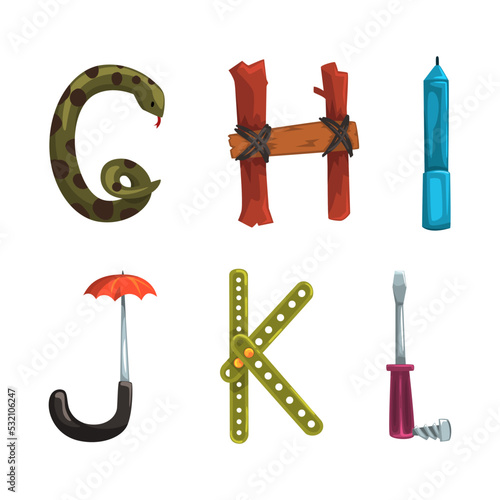 Alphabet with various objects. G,H,I,J,K,L creative cartoon letters made of umbrella, screwdriver tool, snake, pencil vector illustration