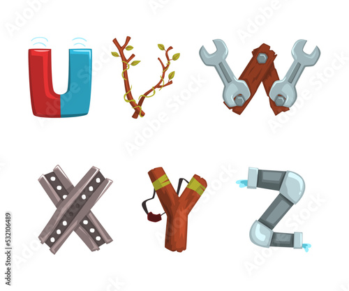 Alphabet with various objects. U,V,W,X,Y,Z creative cartoon letters made of branches, magnet, wrenches, slingshot vector illustration