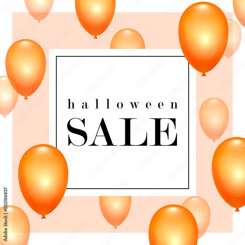 Happy Halloween sale background. Balloon transparent 3D, black, white, orange banner. Invitation design. Template frame for party, discount flyer. Holiday promotion poster concept Vector illustration
