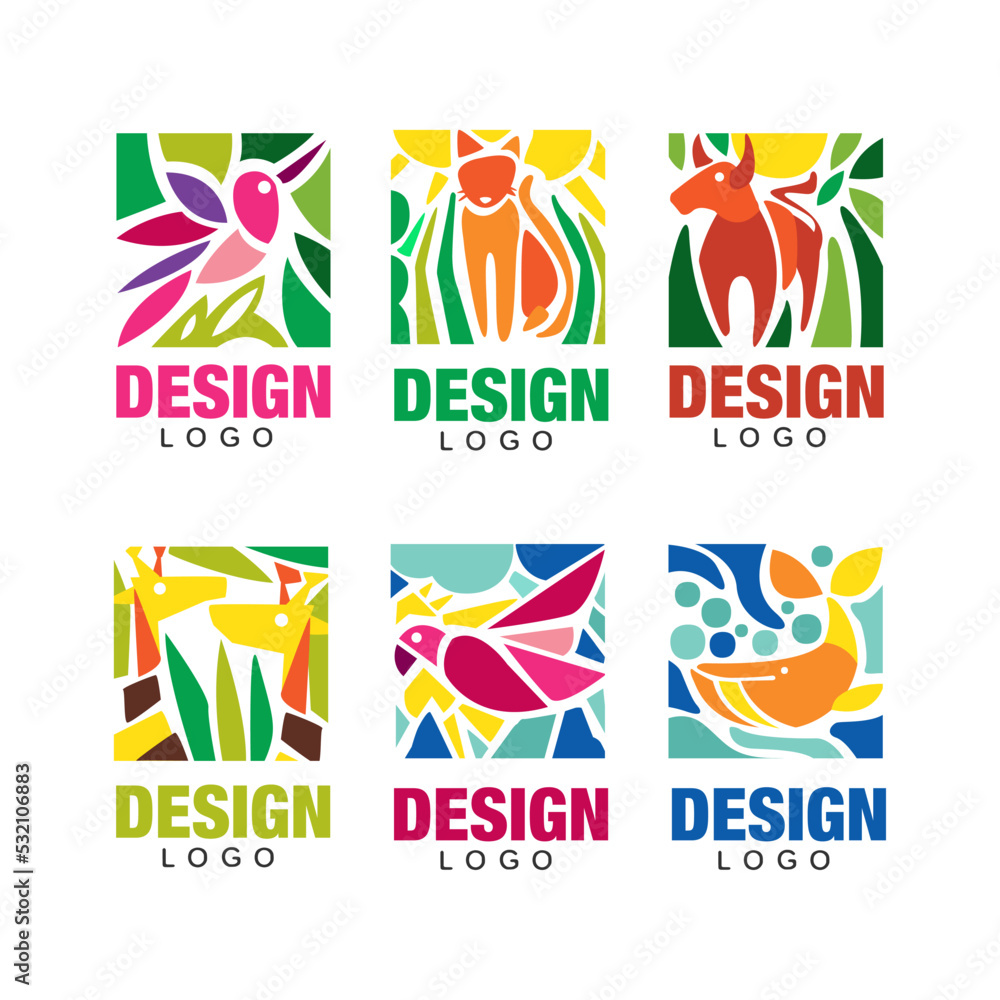 Abstract vibrant animals logo design set. Colorful labels with tropical plants and hummingbird, giraffe, parrot, whale animals vector illustration