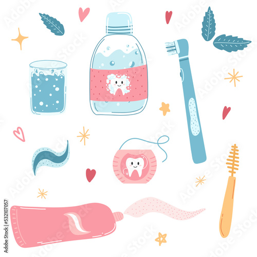 Hand drawn dental care items in cartoon flat style. Vector illustration of mouth wash, toothbrush, toothpaste tube, floss, interdental brush. Children oral hygiene, care, dentistry concept