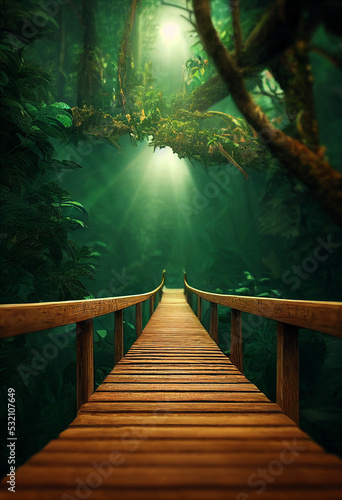 Lange Holzbrücke im dichten Regenwald im Sommer
