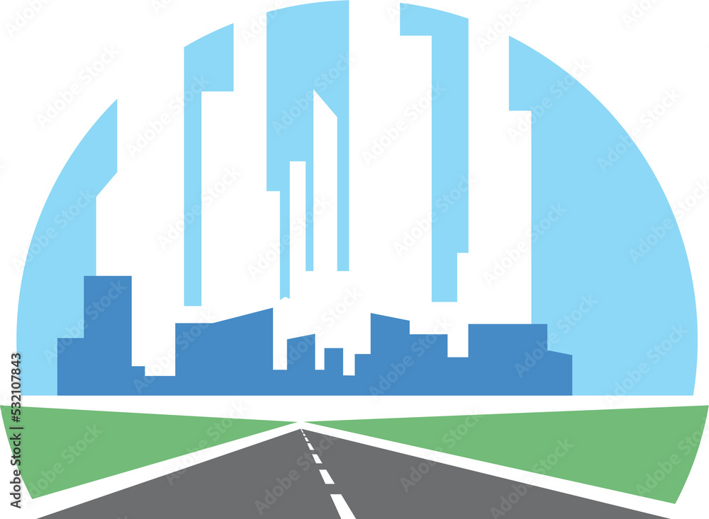Fototapeta premium Highway icon with city skyscrapers on horizon
