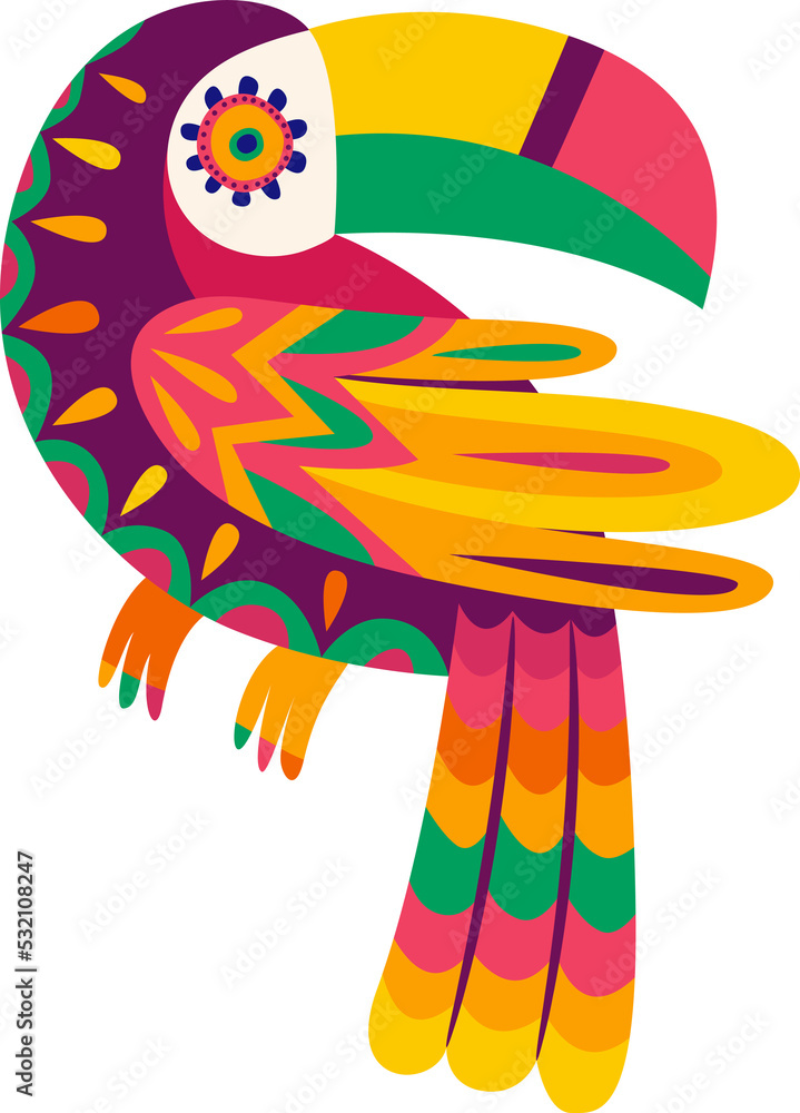 Fototapeta premium Exotic mexican toucan with ethnic floral ornament