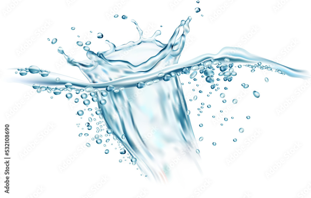 Obraz premium Liquid water splash, wave swirl with drops, vector