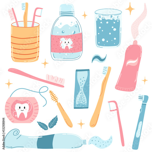 Hand drawn dental care items in cartoon flat style. Vector illustration of mouth wash, toothbrush, toothpaste tube, floss, interdental brush. Children oral hygiene, care, dentistry concept