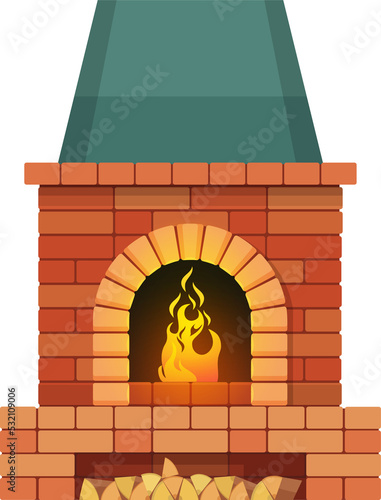 Brick fireplace with firewood and burning fire