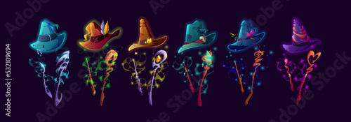Tela Witch hats, wands and staffs cartoon vector set