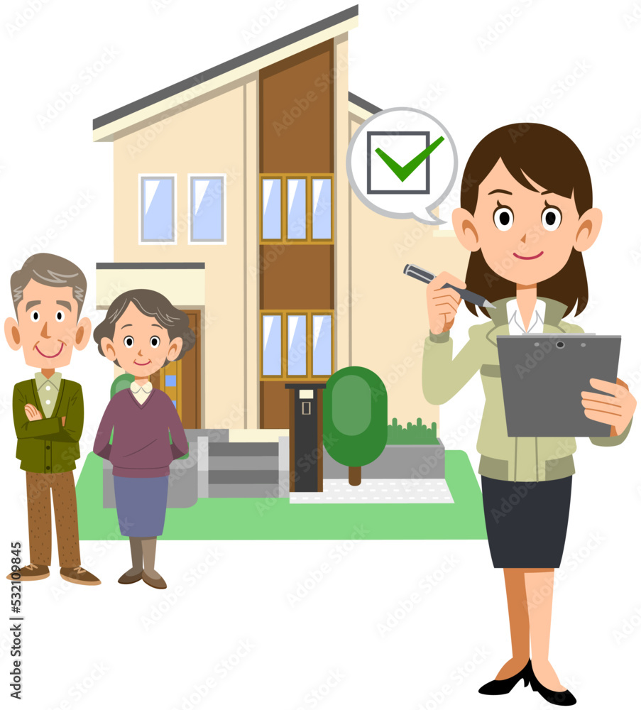 住宅の前に立つシニア夫婦とチェックする作業着の女性
住宅の前に立つシニア夫婦とチェックする作業着の女性