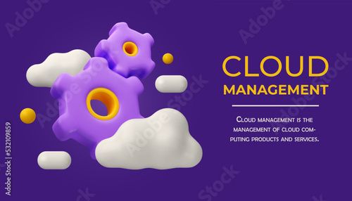 Cloud management 3d banner. Vector gear and clouds illustration, online technology concept