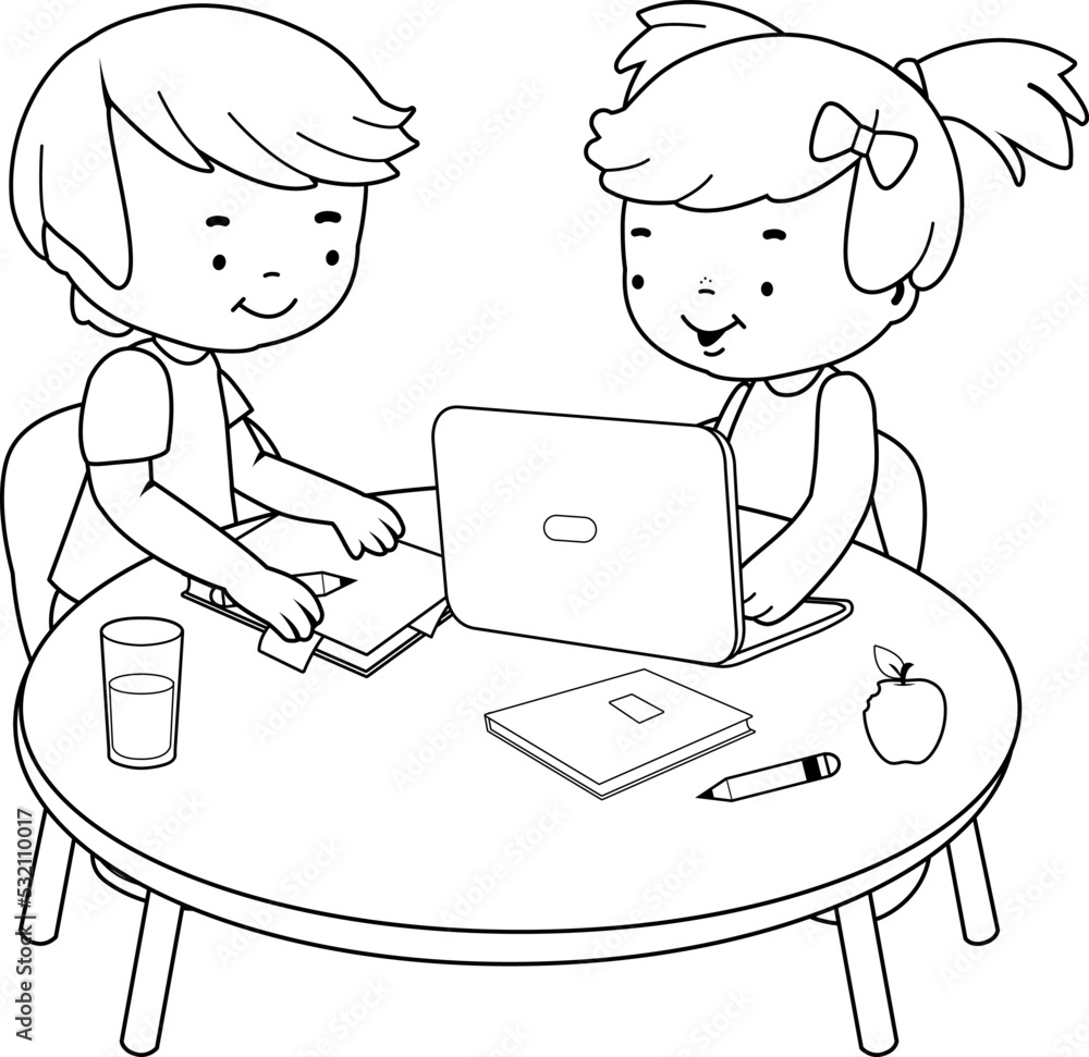 Students sitting at a desk at school doing their homework using a computer. Vector black and white coloring page.