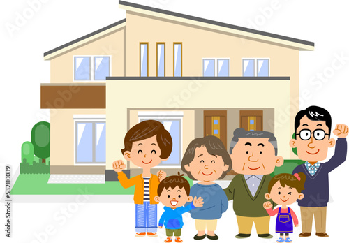 住宅の前に立つ三世代の家族
