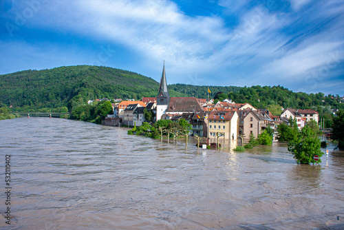 flood due to heavy rainfall at Neckargemund at the Neckar river in southern Germany in early summer