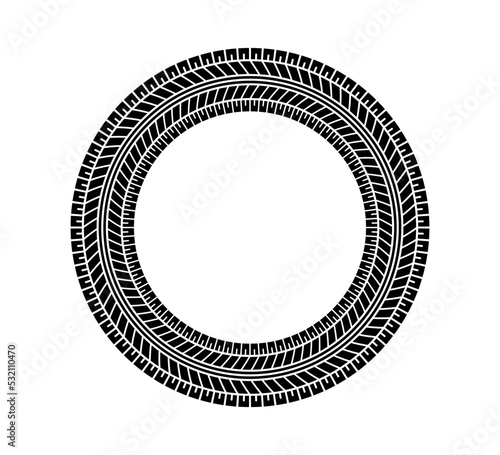 Auto tire tread circle frame. Car and motorcycle tire pattern, wheel tyre tread track print. Black tyre round border. Vector illustration isolated on white background.