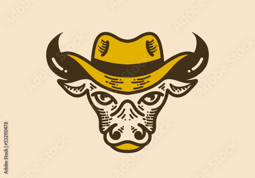 Bull head with cowboy hat retro vintage line art