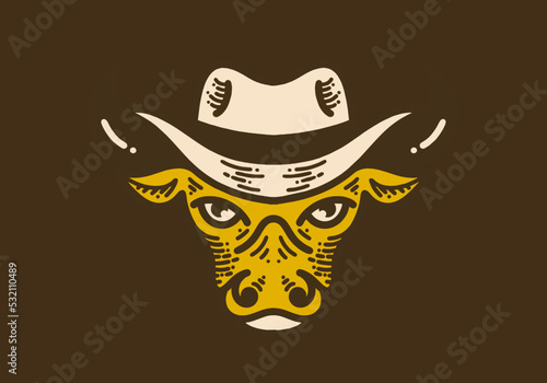 Bull head with cowboy hat retro vintage line art
