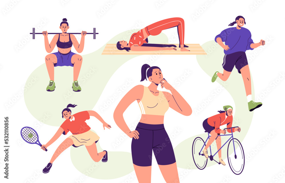 Choice of sport, physical activity concept. Woman thinking, choosing between workout options variety, fitness, gym, jogging, bicycle. Flat graphic vector illustrations isolated on white background - obrazy, fototapety, plakaty 