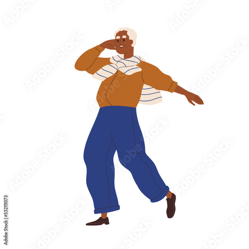 Senior black man dancing. Happy active gray-haired old person moving to music...